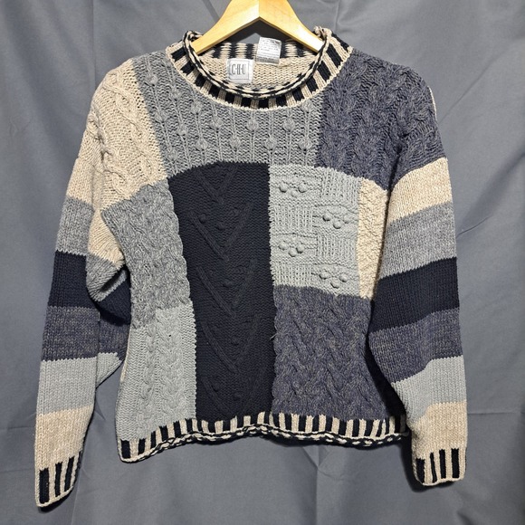 Sweaters - CHU Women's LARGE Gray Patchwork Crewneck Pullover Sweater Silk Cotton